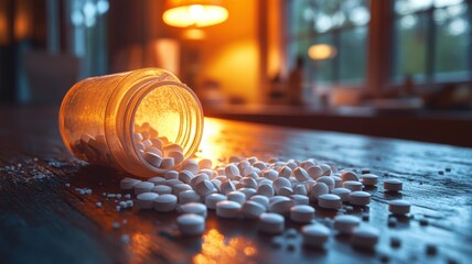 Spilled White Pills and Medicine Bottle on Wooden Table with Dramatic Light pills medicine spilled