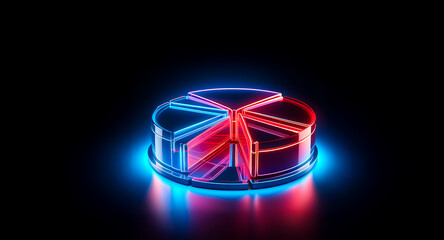 A vibrant, neon pie chart glows in the dark, showcasing segmented data with red and blue sections.  Its reflective surface adds depth.