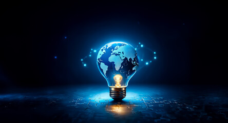 A glowing lightbulb, shaped like the Earth, illuminates the darkness. Musical notes surround it, symbolizing global connectivity and ideas.