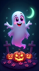 Cheerful Cartoon Ghost with Pumpkins and Crescent Moon