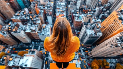 Obraz premium A woman stands on a ledge overlooking a vibrant cityscape