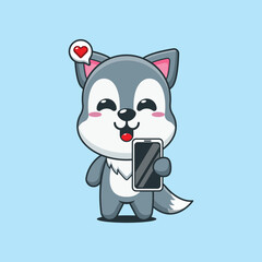 Cute wolf cartoon vector illustration with mobile phone