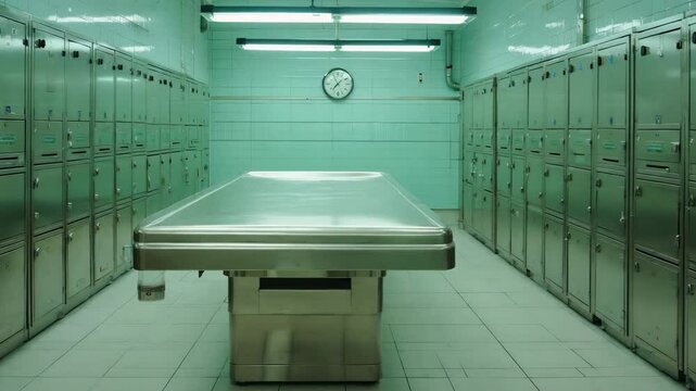 Green-tiled morgue with central stainless steel table