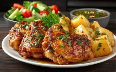 Juicy roasted chicken thighs with herbs, golden potatoes, and a fresh salad served on a white plate.