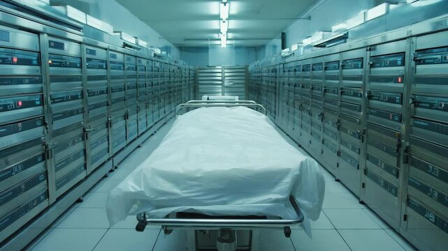 Body covered with sheet on gurney in cold storage lab