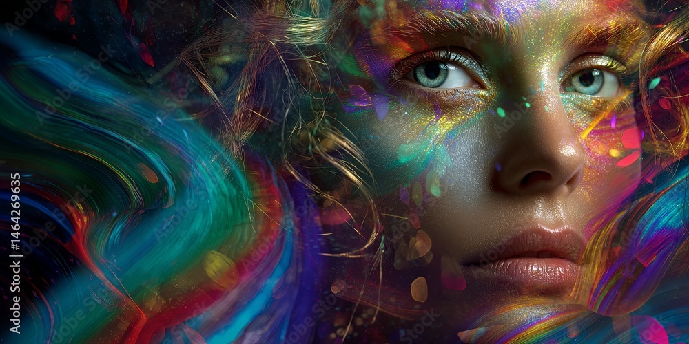 Poster ethereal woman with vibrant colorful swirls representing creativity and imagination in a universe of