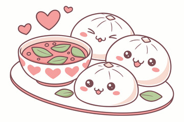 38 Cute kawaii bread rolls with faces, smiling bao buns, bowl of soup, pastel colors, white plate, pink hearts, green leaves, adorable food illustration, chibi style, soft lighting, 3D render, digital
