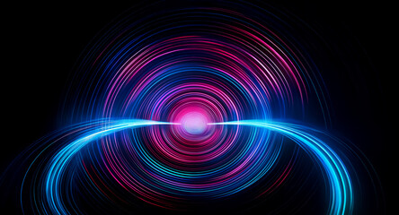 Obraz premium Abstract swirling concentric circles of vibrant pink, blue, and purple light against a black background. A bright central core emits a glowing energy.