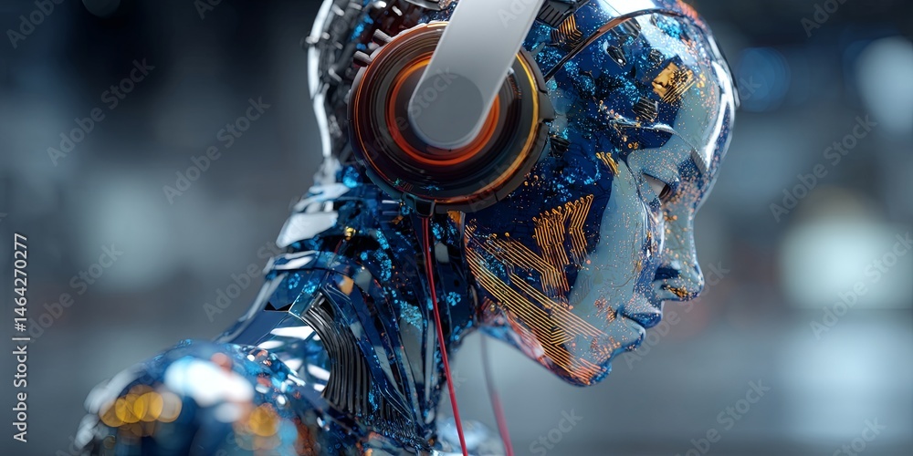 Poster Futuristic Concept of Human-Like Robot with Circuit Patterns and Headphones Representing Artificial Intelligence and Advanced Technology in Digital Art