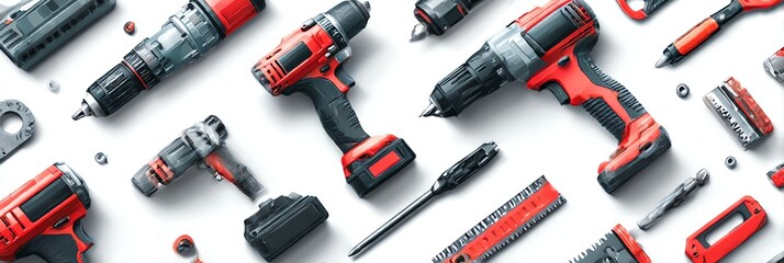 Modern power tools neatly arranged on white background. Perfect for DIY, construction, and industrial themes. Clean, professional, high-resolution layout