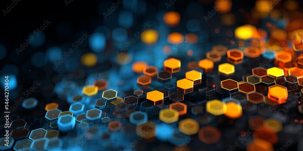 Poster Abstract Geometric Background with Colorful Hexagons in Blue, Orange, and Yellow Hues Creating a Modern Digital Design for Technology Themes