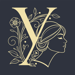 Floral Monogram Letter Y and A with Feminine Profile – Elegant Botanical Line Art Design.