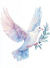 Obraz premium a dove with open wings holding an olive branch in its beak, international day of living together in peace, peace day pastel vector clip art
