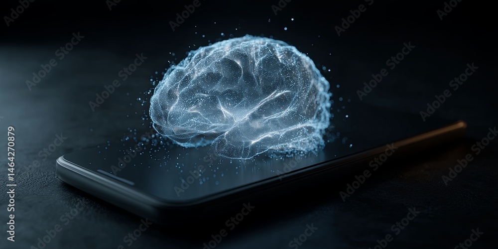 Aufkleber Innovative Concept of Artificial Intelligence with a Human Brain Graphic Above a Smartphone in a Dark Background