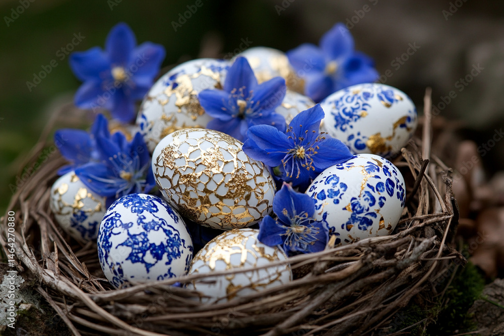 Poster Colorful Easter eggs nestled in a vibrant spring flower arrangement creating a chaotic yet charming display