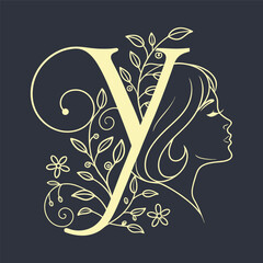 Floral Monogram Letter Y and A with Feminine Profile – Elegant Botanical Line Art Design.