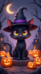 Cute Black Cat with Pumpkin