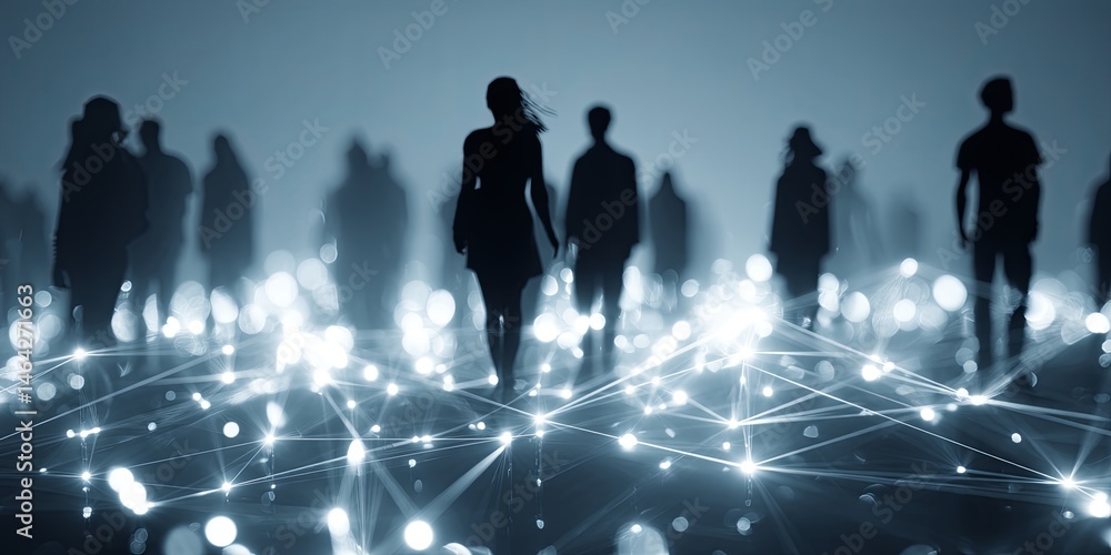 Aufkleber silhouettes of diverse people connected by a web of light representing networking, community, collab