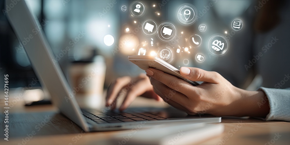 Aufkleber Person Using Smartphone and Laptop with Digital Icons on a Light Desk Background in a Modern Workspace Setting for Technology and Communication Themes