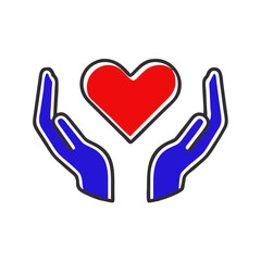 Hands holding a red heart with blue outline, symbolizing love and care, on a white background