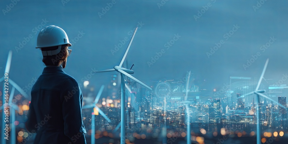Poster Urban Engineer Overlooking Cityscape at Dusk with Digital Wind Turbine Icons and Data Visualization Elements Representing Renewable Energy