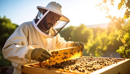 Beekeeper Inspects Honeycomb