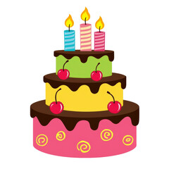 Colorful Tiered Birthday Cake with Chocolate Glaze, Cherries, Frosting Swirls and Three Lit Candles