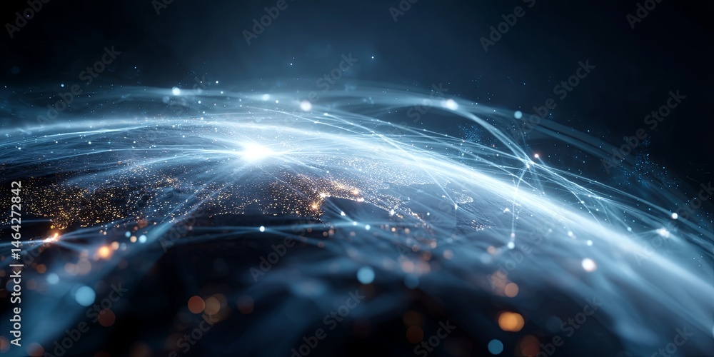 Poster Global Network Connection Visual Representation with Nodes, Lines, and Bright Lights Depicting Digital World and Data Flow over Earth in Blue and Black Background