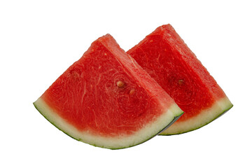 two slices of watermelon on white background.