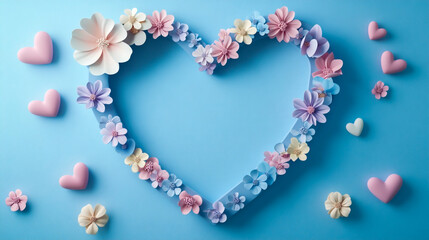 Obraz premium 3D heart-shaped frame with flowers and hearts on a blue background, in pastel colors, with space for text.