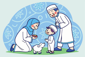 40 Cartoon Muslim family, happy expressions, traditional Islamic clothing, white thobe, blue hijab, small children, cute white lamb, blue patterned background, swirling motifs, Islamic art style, vibr