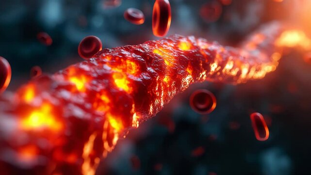 A conceptual illustration of an artery clogged with glowing red plaque, symbolizing hyperlipidemia and cardiovascular disease