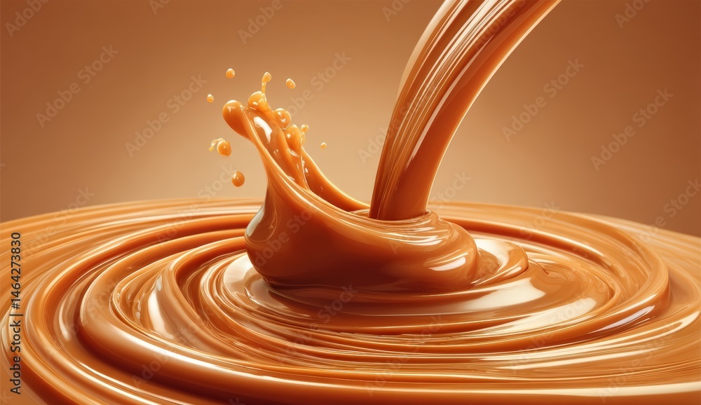 Poster creamy caramel sauce being poured in a swirling motion, creating a smooth and glossy texture with ri
