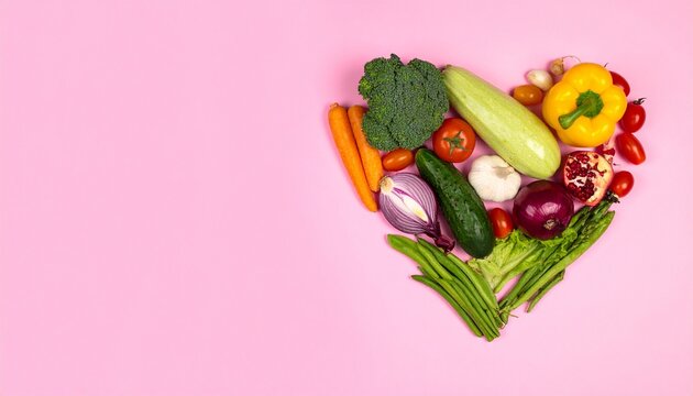  Colorful heart-shaped arrangement of fresh vegetables on pink background symbolizes love for