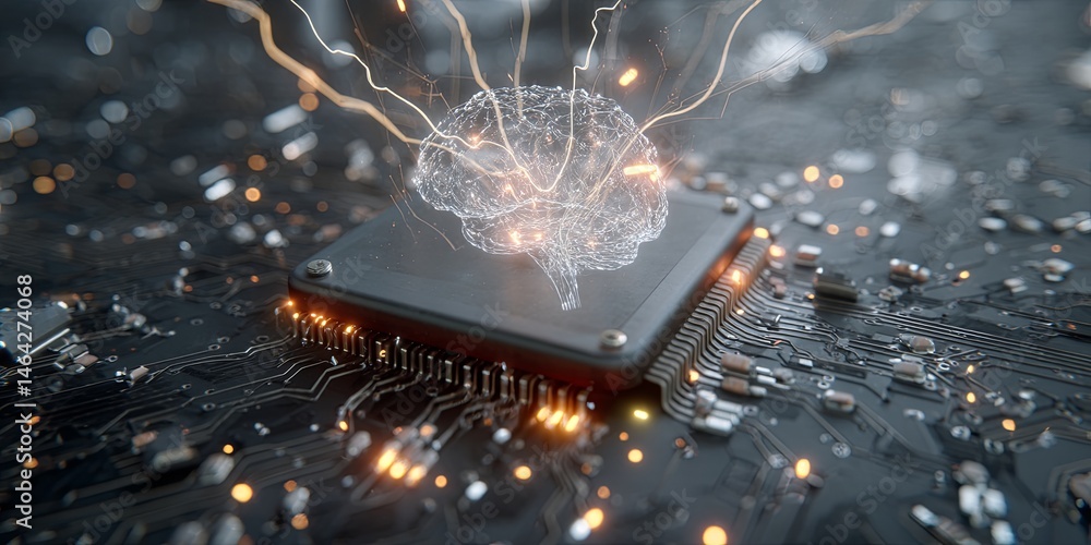 Poster Abstract Representation of Artificial Intelligence Concept with Microchip Surrounded by Electric Sparks and Glowing Particles