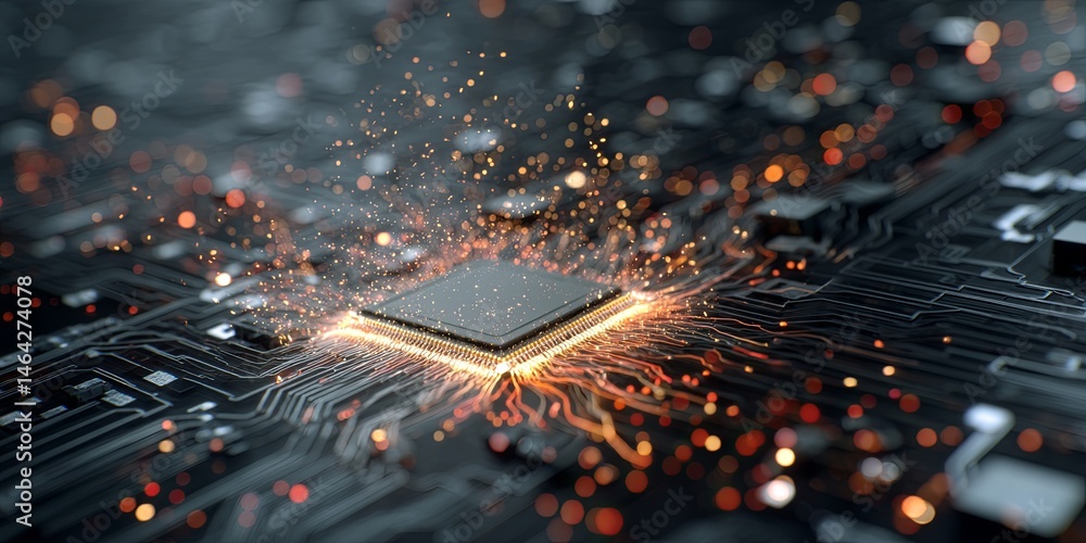 Leinwandbilder Abstract Representation of Artificial Intelligence Concept with Microchip Surrounded by Electric Sparks and Glowing Particles