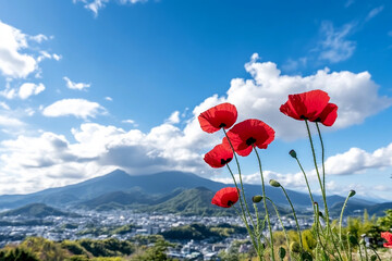 Field of vibrant red poppies swaying gracefully under gentle wind on a sunny day in a rural landscape