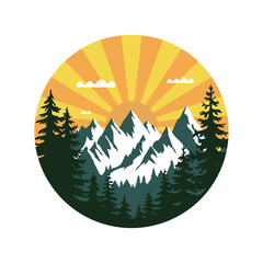 Vintage vector mountain landscape with sunrise, pine trees, and sun rays in circular design isolated on white background
