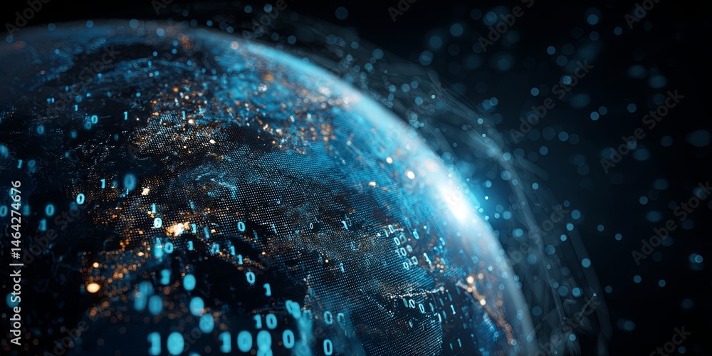 Aufkleber Digital Earth Visualization with Binary Code and Global Connections Highlighting Technology for Innovation and Data Representation
