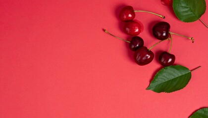 Fresh cherries scattered on deep red background with vibrant green leaves creating a lively