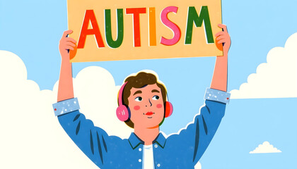 Illustrated child with noise canceling headphones holding colorful AUTISM sign under blue sky, empowering neurodiversity and inclusion visual, autism spectrum awareness art