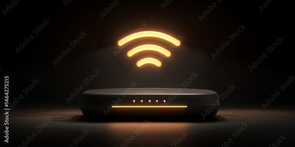 Poster Modern wireless router with glowing Wi-Fi signal icon representing fast internet connectivity and advanced technology in digital communication and home networking