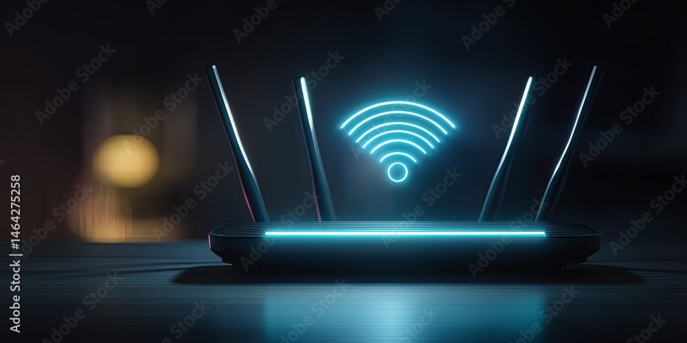 Poster Modern wireless router with glowing Wi-Fi signal icon representing fast internet connectivity and advanced technology in digital communication and home networking