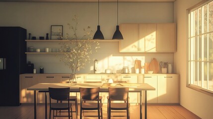 Modern minimalist kitchen interior with wooden cabinets, matte furniture, and pendant lighting in a bright open plan space. 3D Rendering,
