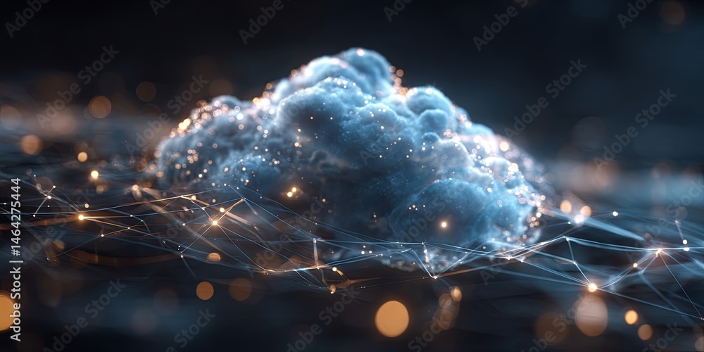 Poster Futuristic Cloud Computing Concept with Digital Network Connections and Holographic Displays Representing Data Exchange and Storage Solutions