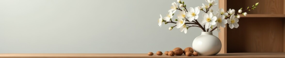 Simple white blossoms, minimalist vase, wooden shelf, scattered nuts, shadows, rustic, winter