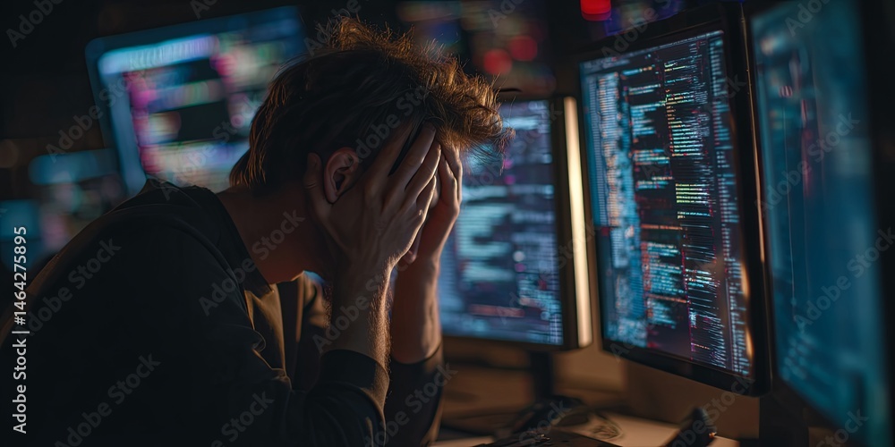 Leinwandbilder Frustrated Programmer Struggling with Complex Code on Multiple Computer Screens in a Dark Office Environment During Nighttime Work Hours