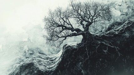 A grayscale depiction of a powerful tree atop a textured cliff.