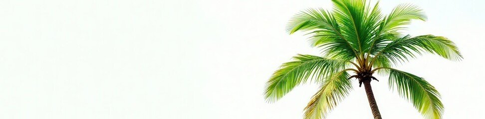 Single coconut palm tree, lush green leaves, white background, white background, vibrant green