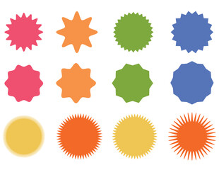 Star round sticker tag icon shape set, featuring circle and starburst label designs. Perfect for promotions, sales, price offers, and badges. Vibrant vector icons ideal for graphic design, marketing